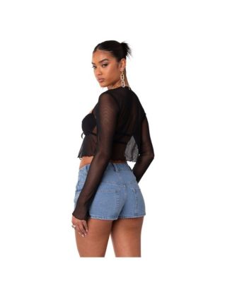 Women's Long Sleeve Mesh Top With Cups & Tie At Front