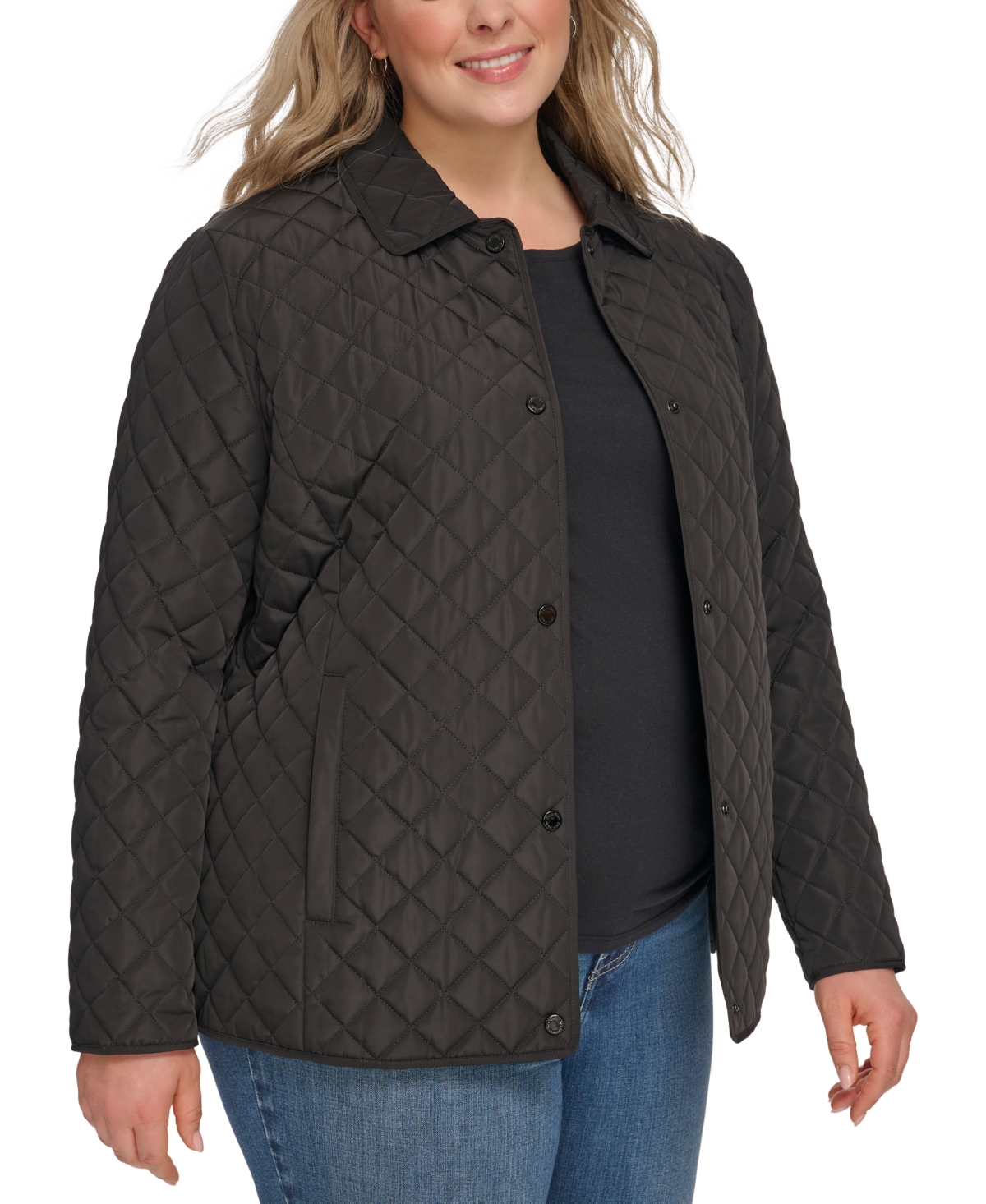 Calvin Klein Womens Plus Size Collared Quilted Coat