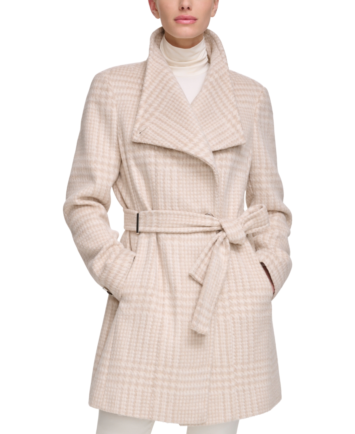 Calvin Klein Women's Plus Size Asymmetrical Belted Wrap Coat, Created For Macy's In Beige,ivory Plaid