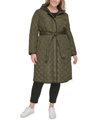 Women's Plus Size Hooded Belted Quilted Coat