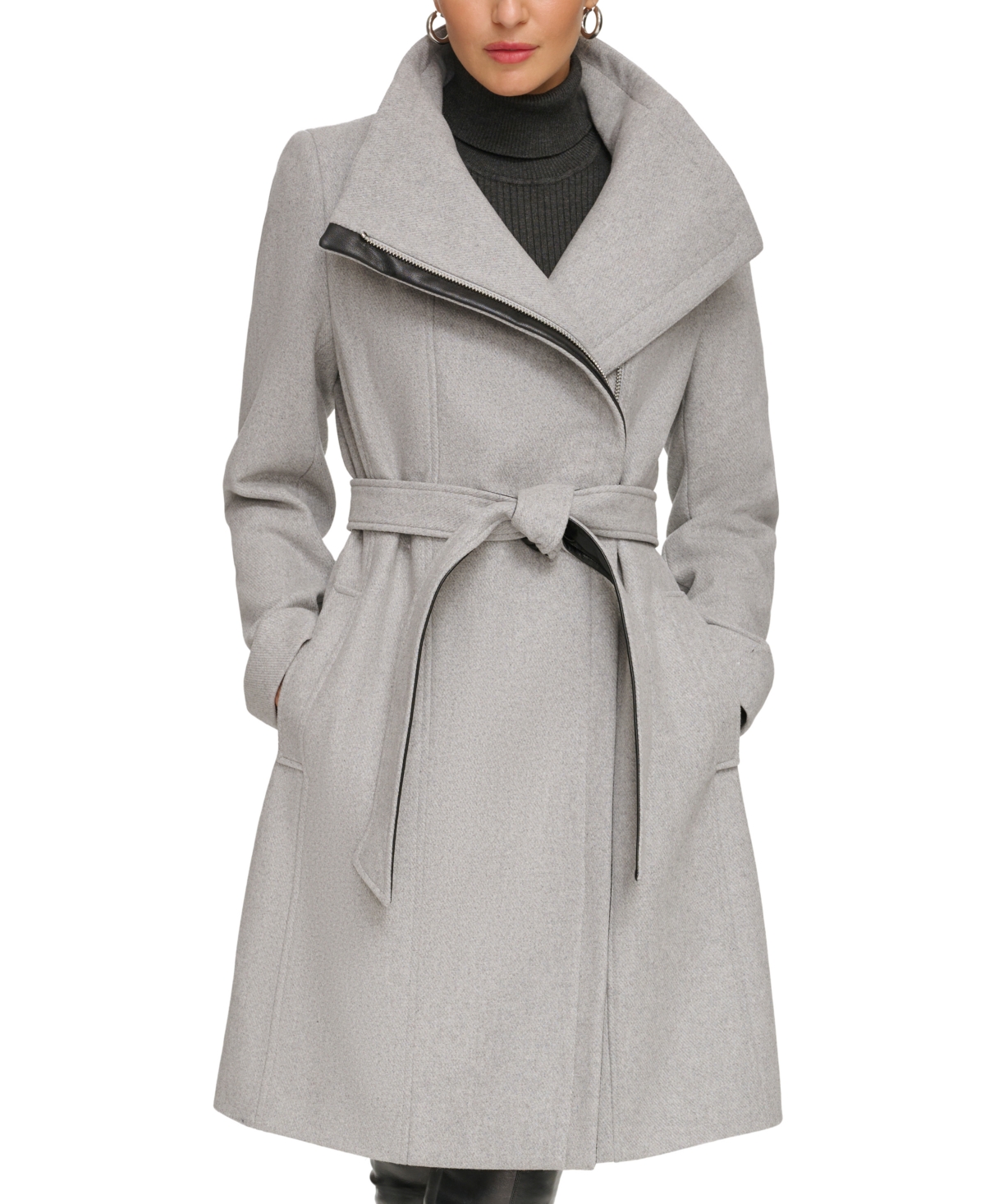 Dkny Women's Asymmetrical Belted Funnel-neck Wool Blend Coat In Light Grey