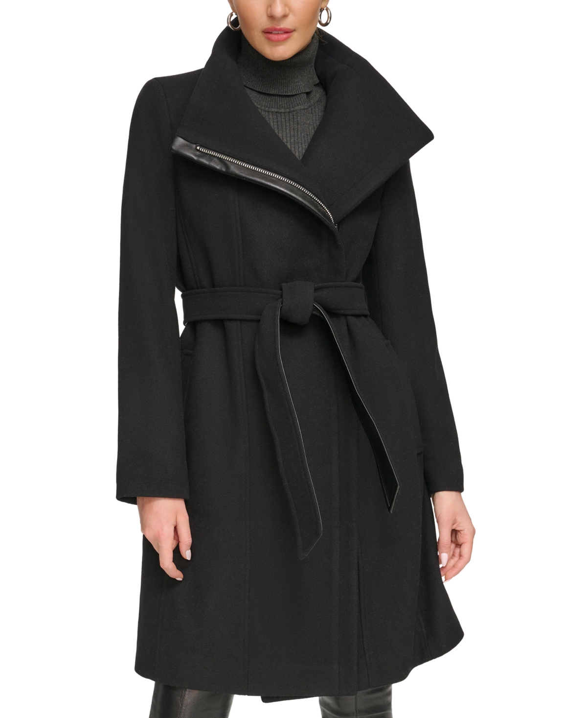 Dkny Women's Asymmetrical Belted Funnel-neck Wool Blend Coat In Black