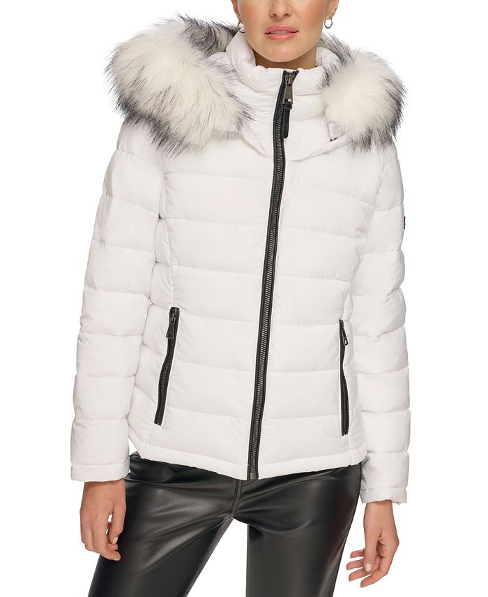 Dkny Women's Faux-Fur-Trim Hooded Puffer Coat, White, XL