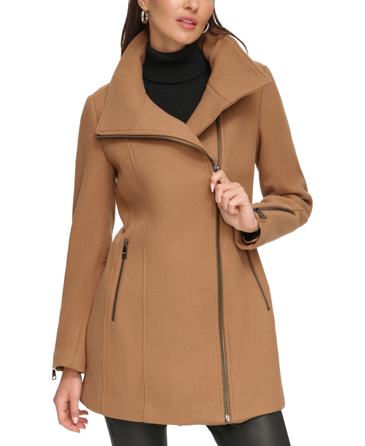 Dkny Womens Asymmetrical Zip Coat, Created For Macys In Dark Camel