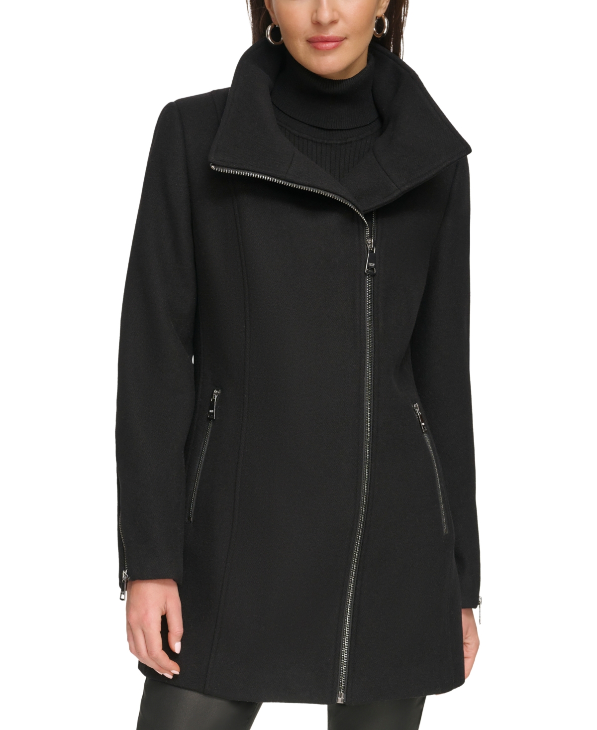Dkny Women's Asymmetric Zipper Wool Blend Coat In Black