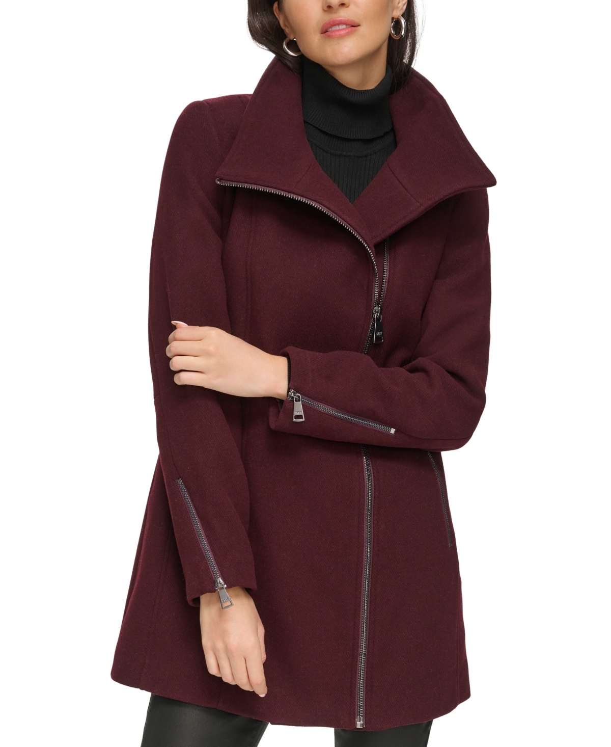 Dkny Women's Asymmetric Zipper Wool Blend Coat In Bordeaux
