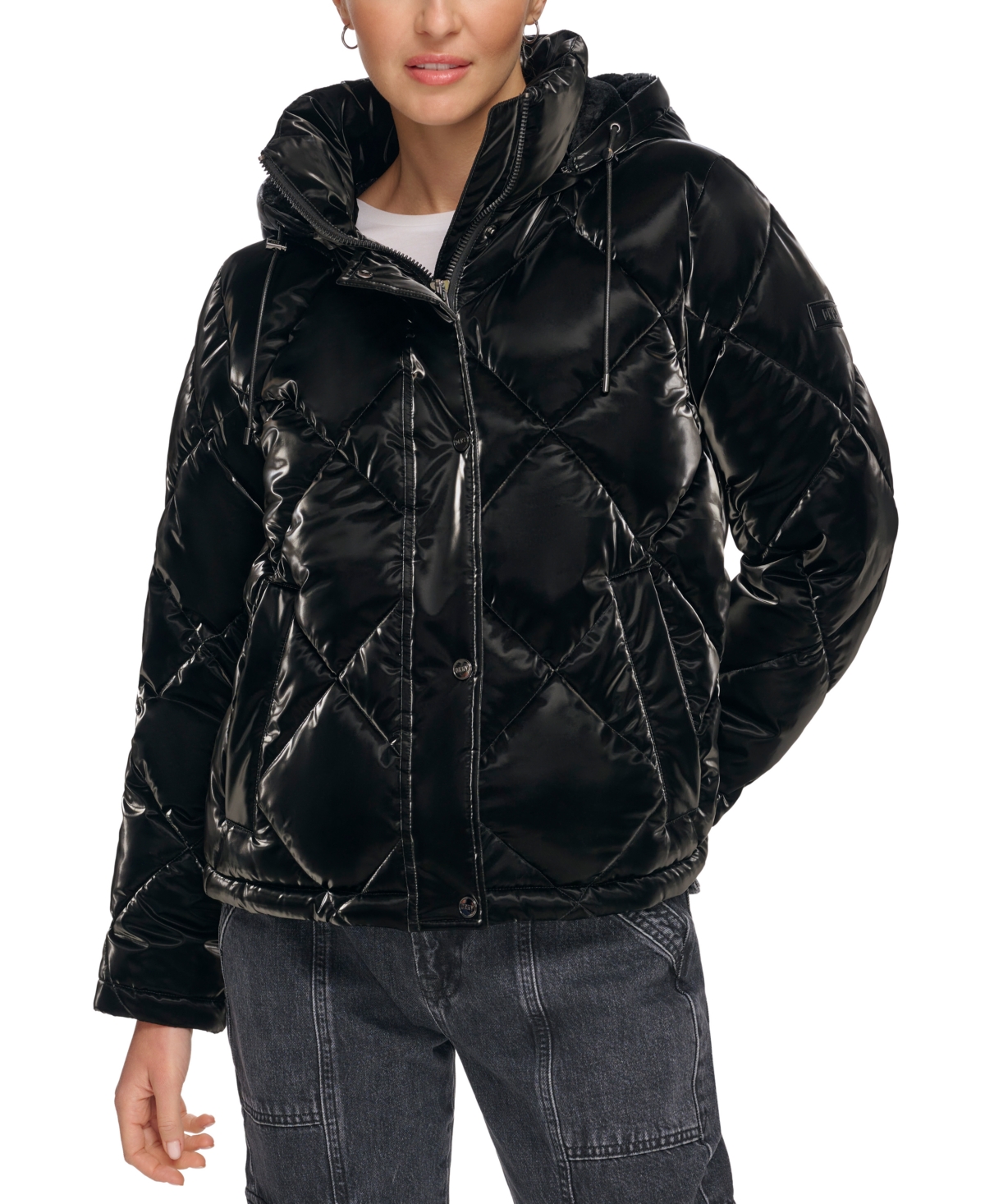 Dkny Women's Diamond Quilted Hooded Puffer Coat In Shiny Black