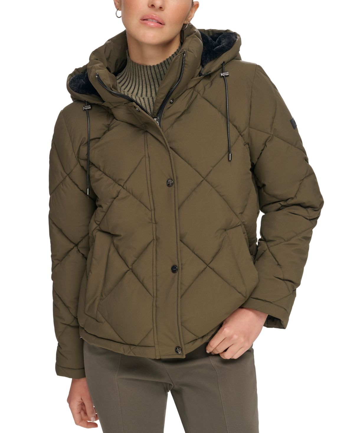 Dkny Women's Diamond Quilted Hooded Puffer Coat In Loden