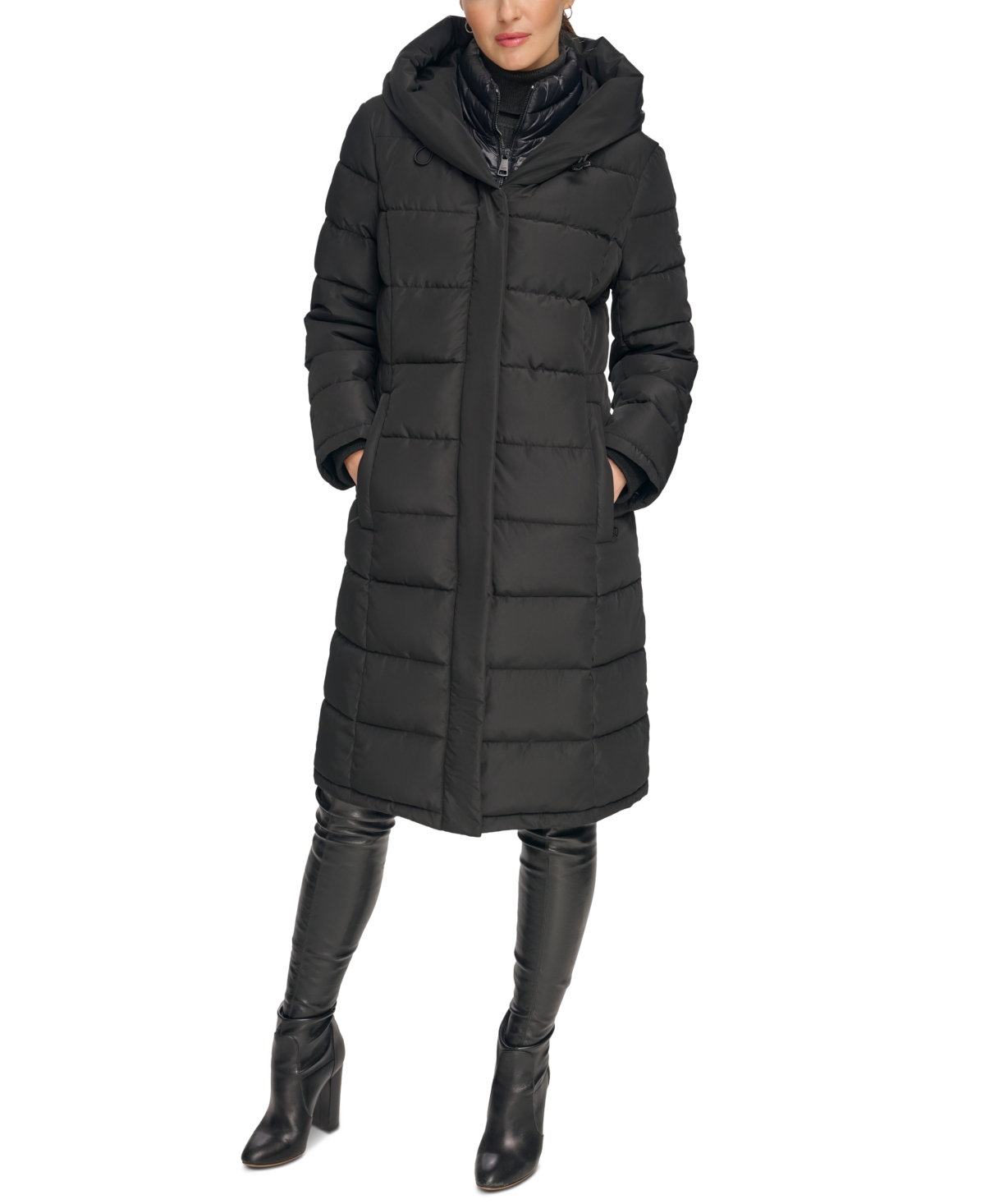 Shop Dkny Women's Bibbed Hooded Puffer Coat In Black