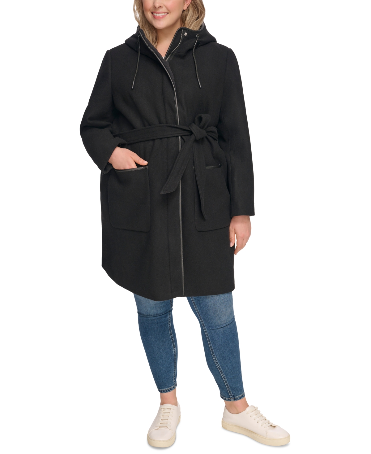 Dkny Women's Plus Size Faux-fur Hooded Belted Coat In Black