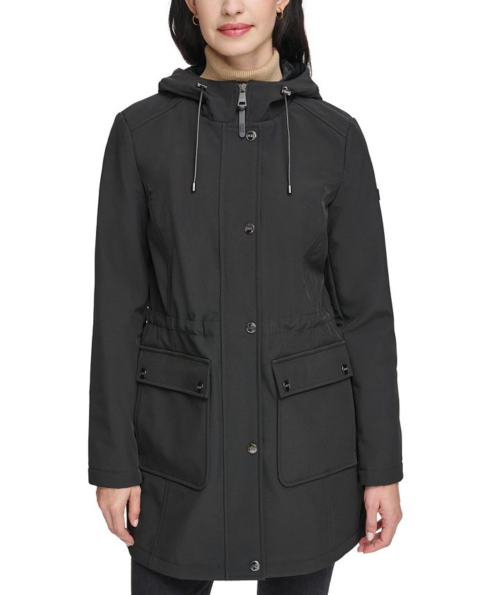 DKNY Women's Petite Drawstring-Hood Snap-Front Anorak Raincoat - Macy's