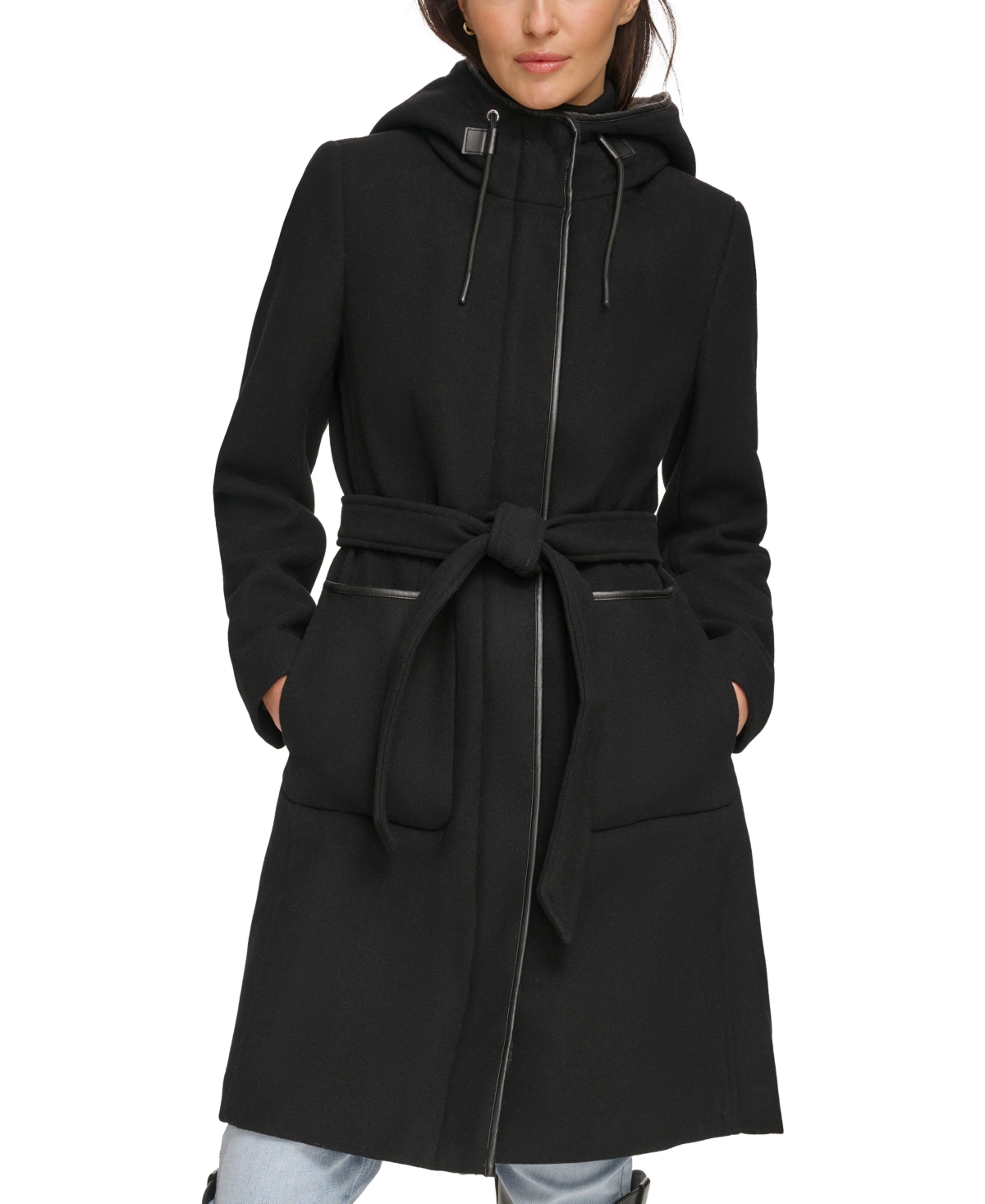 Dkny Women's Faux-fur Hooded Wool Blend Belted Coat In Black