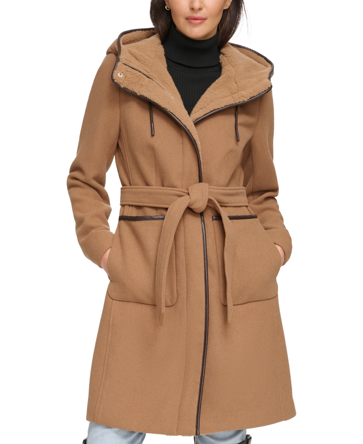 Dkny Women's Faux-fur Hooded Wool Blend Belted Coat In Dark Camel