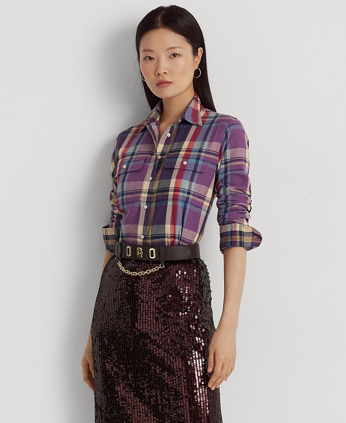 Lauren Ralph Lauren Women's Plaid SuedeTrim Cotton Twill Shirt Macy's