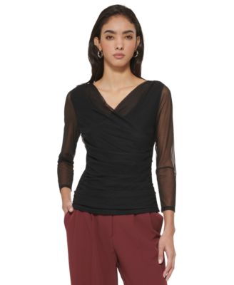 DKNY - Women's Mesh Faux-Wrap Top