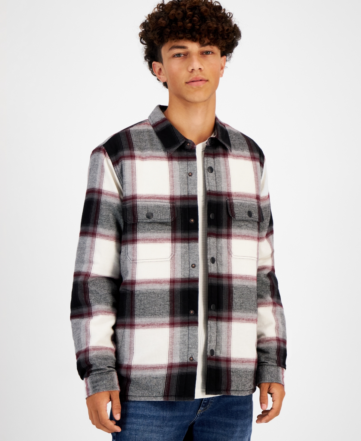 Men's Travis Plaid Shirt Jacket, Created for Macy's - Deep Black