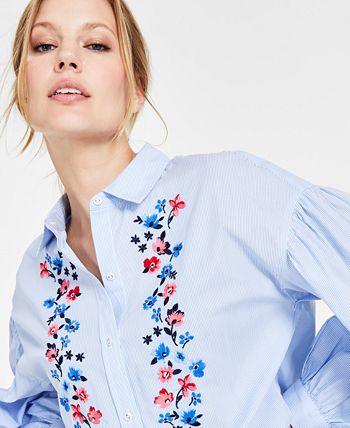 Tommy Hilfiger Women's Cotton Embroidered Drop-Shoulder Blouse - Macy's