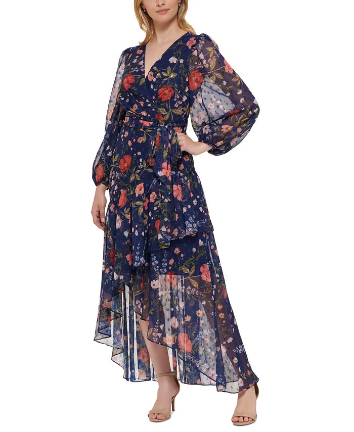 Eliza J Women's Floral-Print High-Low Clip-Dot Dress - Macy's