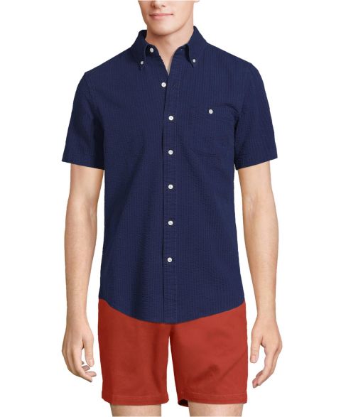 Мужская рубашка Lands' End Short Sleeve Seersucker, цвет: Морской тёмно-синий