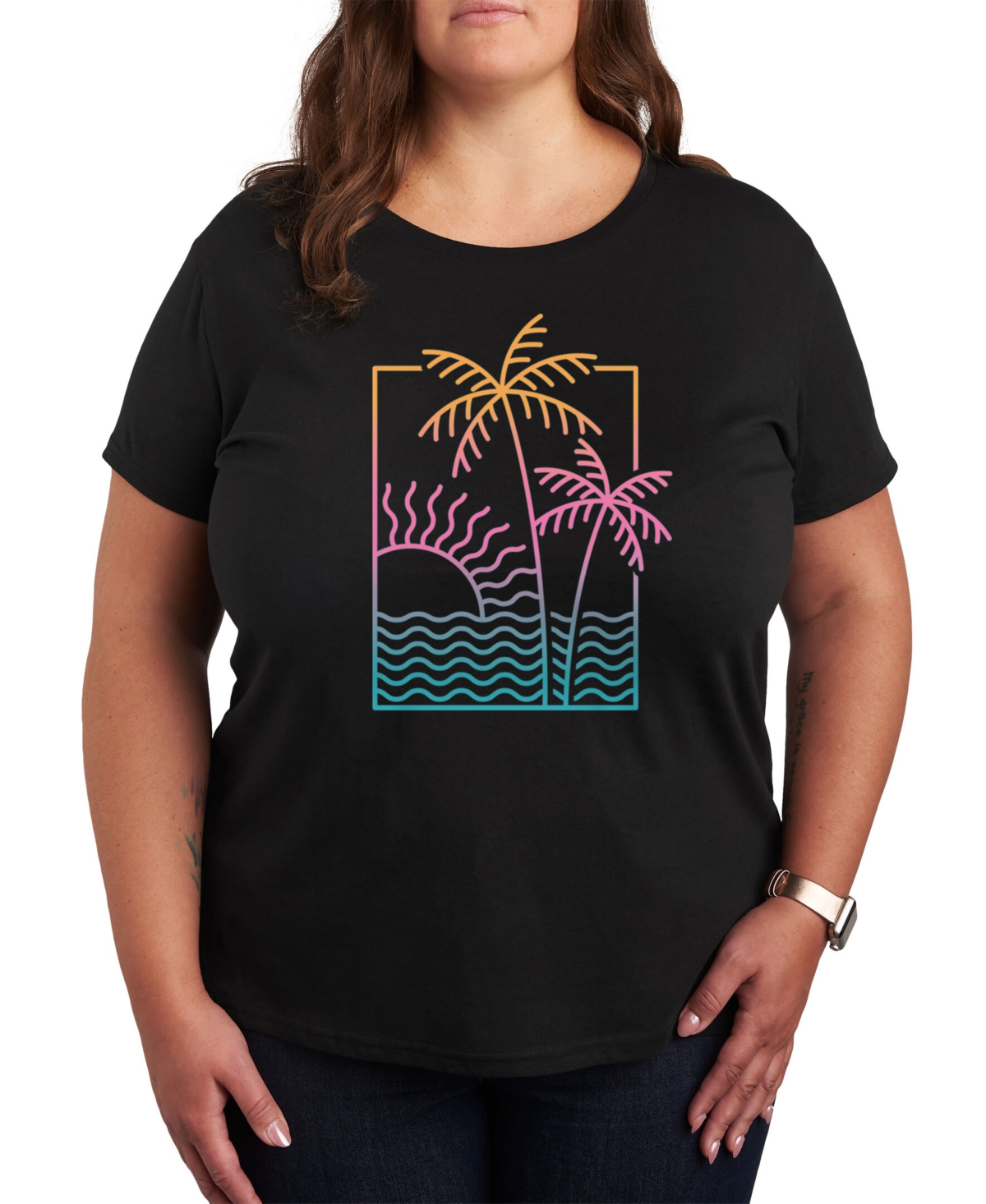 Air Waves Trendy Plus Size Neon Palms Graphic T-shirt In Black