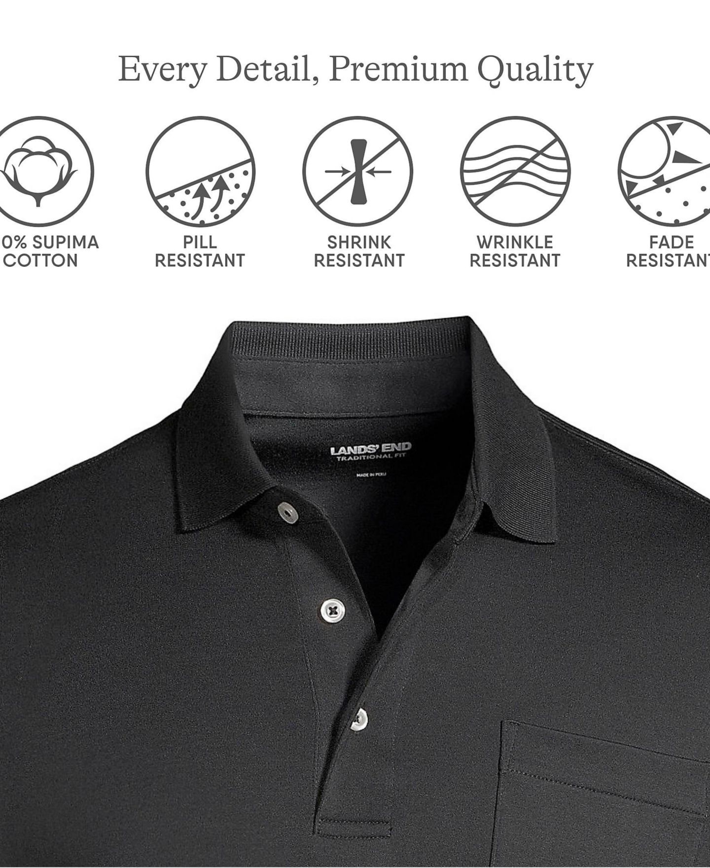 Мужское поло Lands' End Short Sleeve Cotton Supima Polo Shirt with Pocket, цвет: Чёрный — фото 9