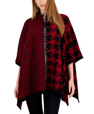 Anne Klein - Women's Houndstooth Mixed-Print Zip-Up Cape Sweater