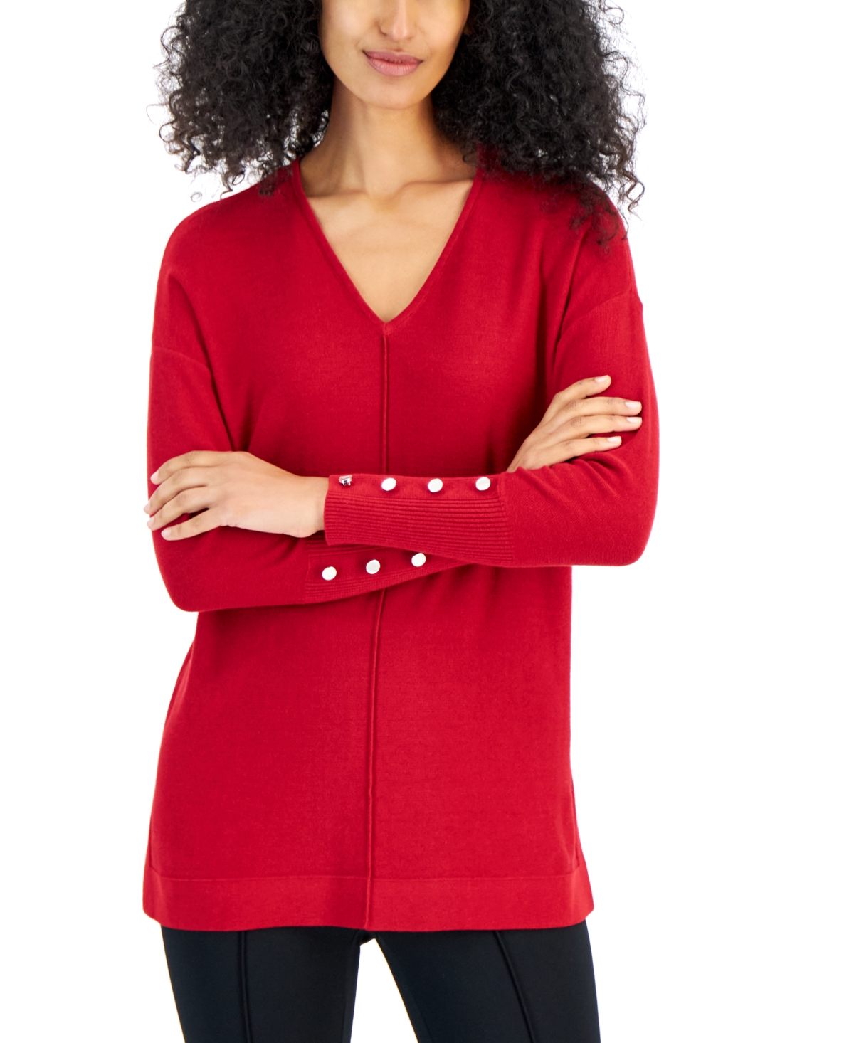 Anne Klein Women's Seamed-front Button-cuff V-neck Sweater In Titian Red