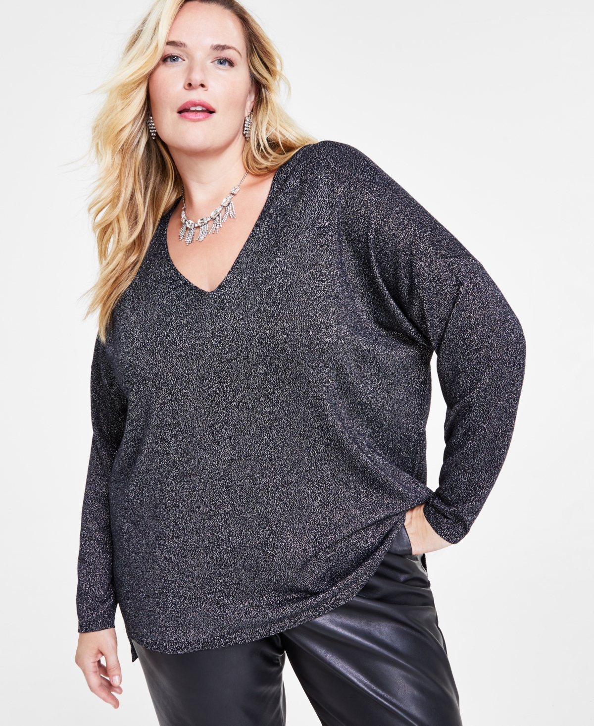 Inc International Concepts Plus Size Lurex V-neck Step-hem Sweater, Created For Macy's In Black With Silver Lurex