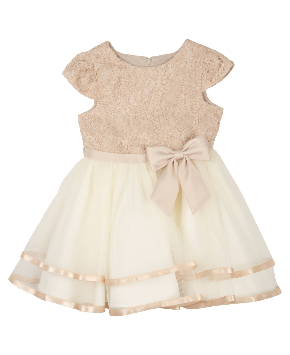 Rare Editions Kids' Baby Girls Lace Cap Sleeve Bodice To Tiered Mesh Skirt Dress With Binding Hem And Bow Detail In Taupe