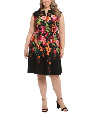 London Times Plus Size Split-Neck Floral-Print Fit & Flare Dress - Macy's