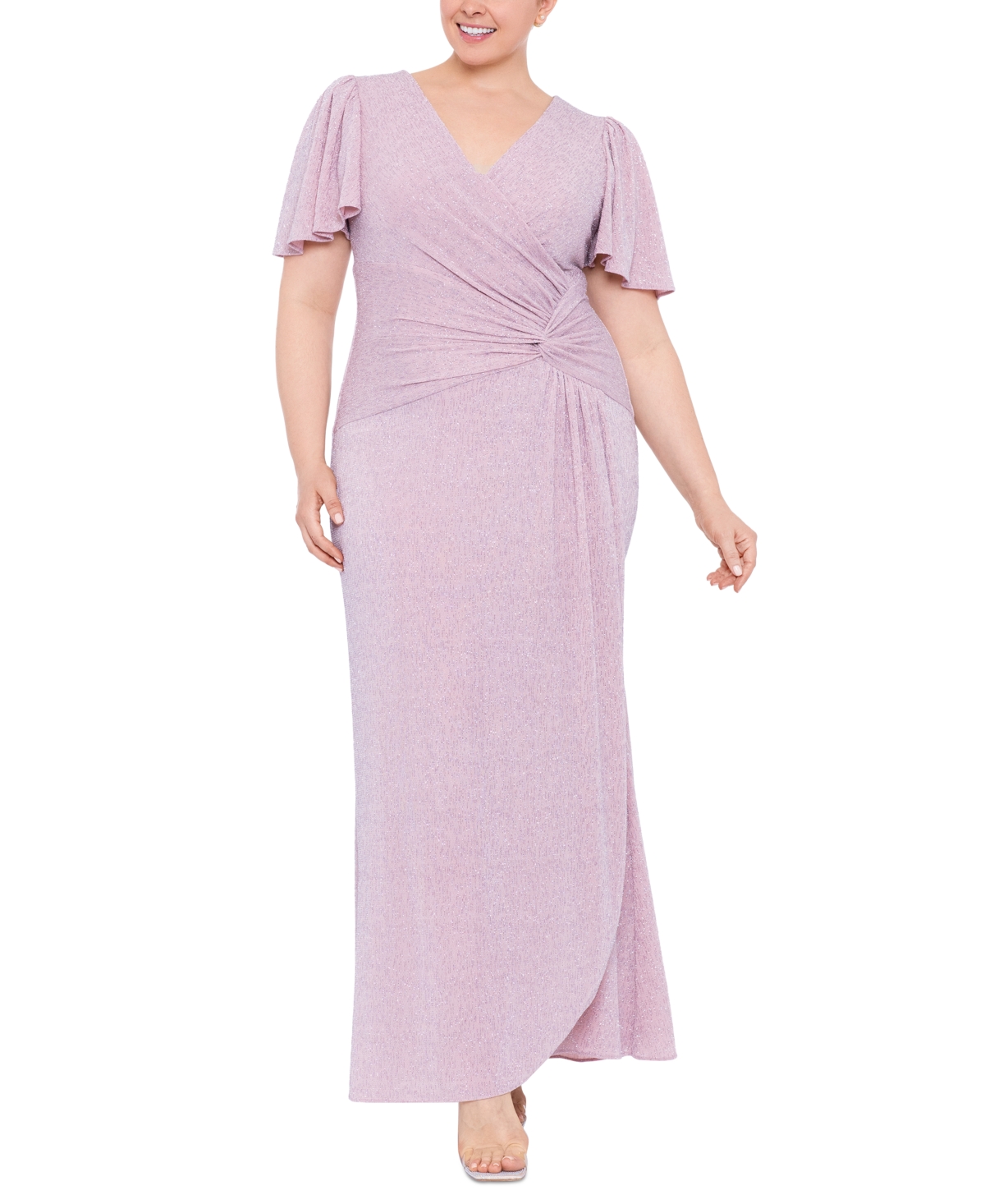 1930s Plus Size Dresses | Art Deco Plus Size Dresses Xscape Plus Size Metallic Flutter-Sleeve Gown - Rose $148.99 AT vintagedancer.com