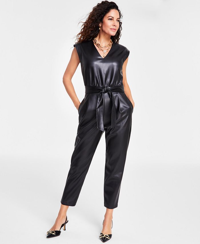 I.N.C. International Concepts Women's Faux-Leather Belted Jumpsuit