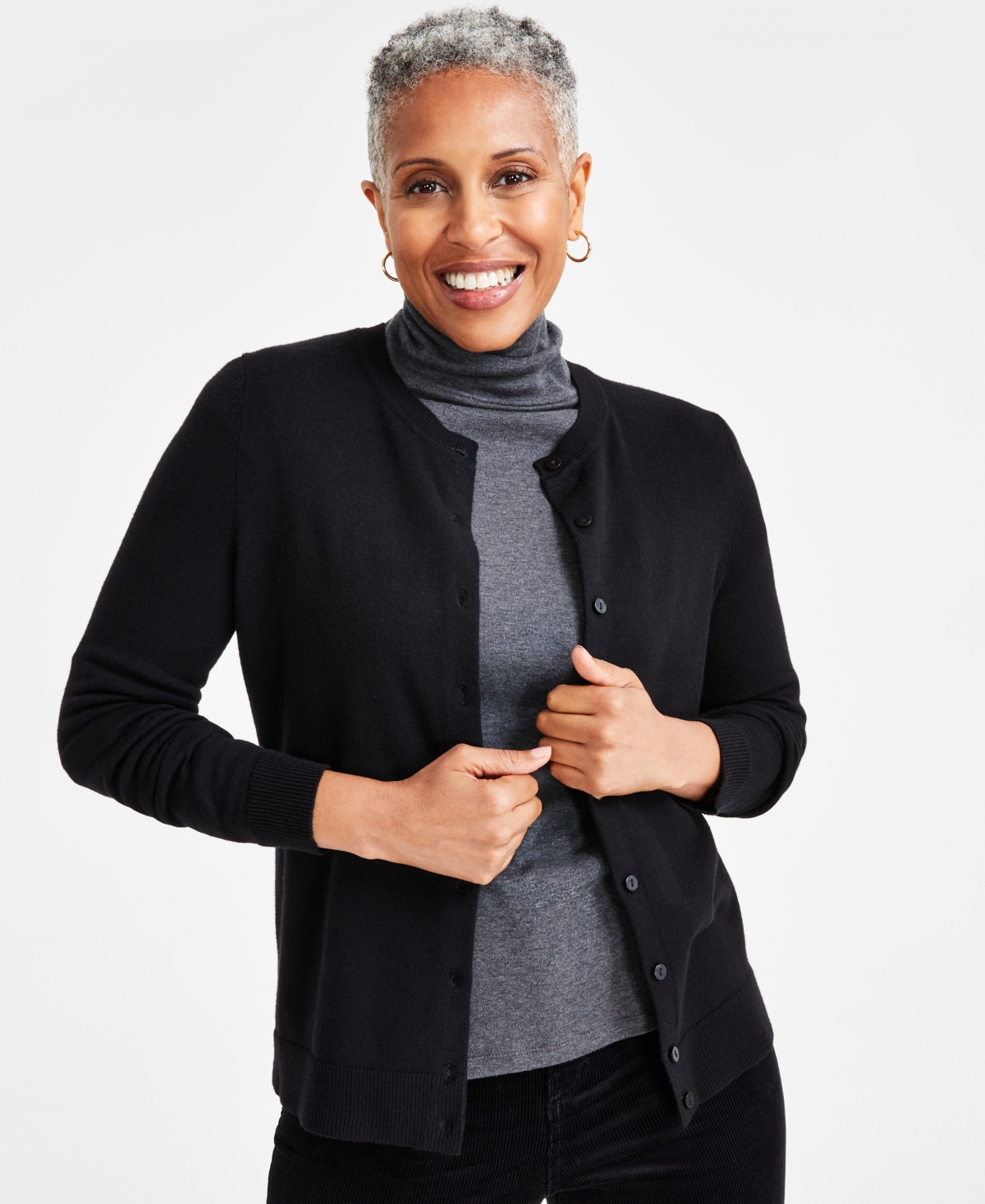 Style & Co Women's Button-down Long-sleeve Cardigan, Created For Macy's In Deep Black