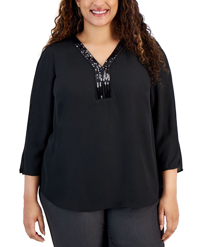JM Collection Plus Size SequinedNeck 3/4Sleeve Top, Created for Macy