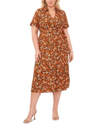 MSK - Plus Size Printed Collared Short-Sleeve Midi Dress