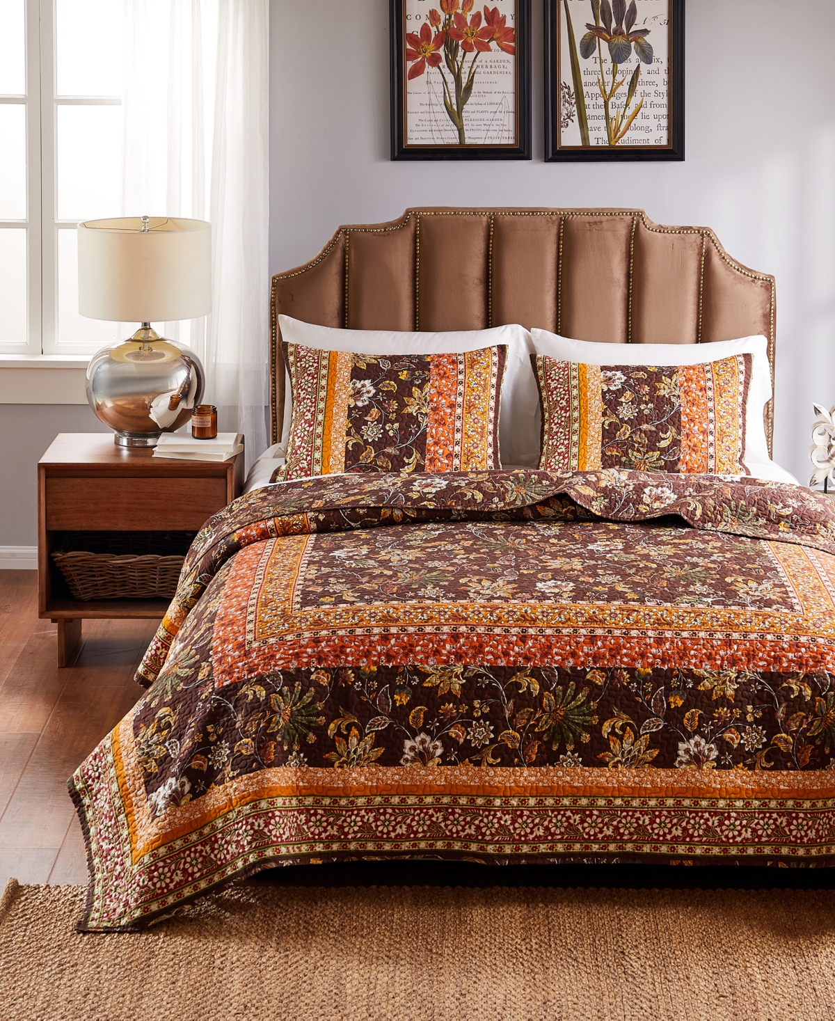 Greenland Home Fashions Audrey Floral Print 3 Piece Quilt Set, King/california King In Chocolate