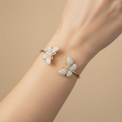 14k Gold Plated with Cubic Zirconia French Pave Butterfly Open Cuff Bangle Bracelet