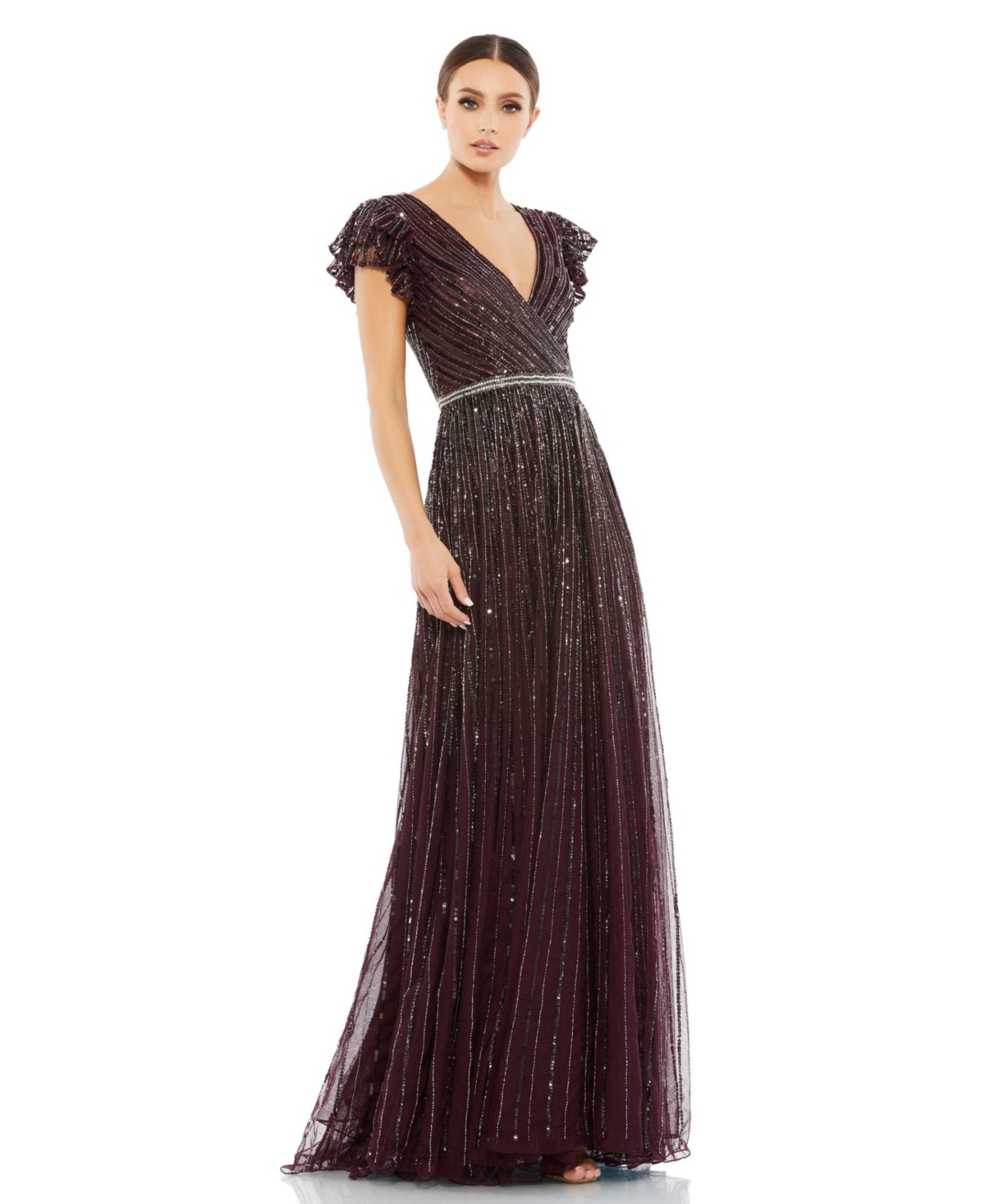 MAC DUGGAL WOMEN'S SEQUINED WRAP OVER RUFFLED CAP SLEEVE GOWN