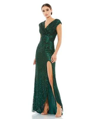 cap sleeve long sequin dress Mermaid Cap Sleeves Dark Green Open Back Sequin Prom Dress PG487 Custom Size / Dark Green