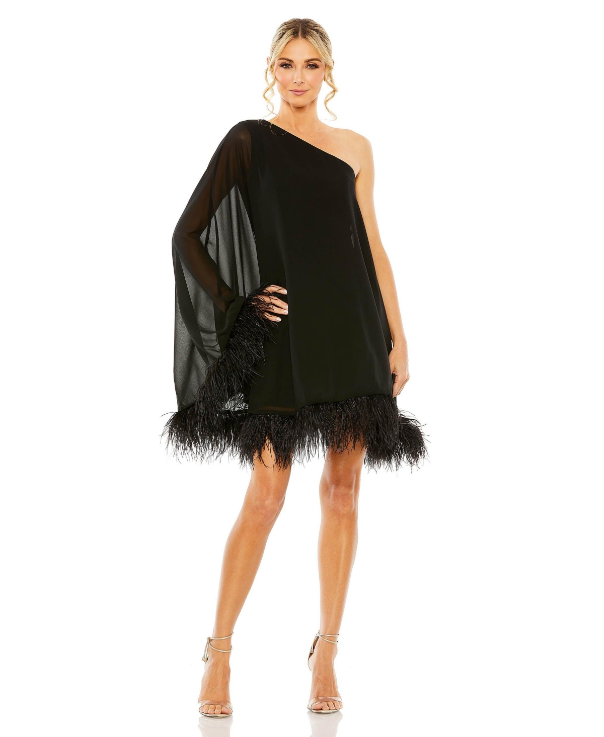 MAC DUGGAL WOMEN'S ONE SHOULDER TRAPEZE DRESS WITH FEATHER TRIM