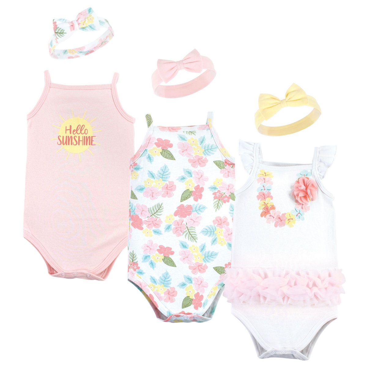 Little Treasure Baby Girls Treasure Baby Sleeveless Bodysuit and Headband Set, 6-Piece - Hawaiian