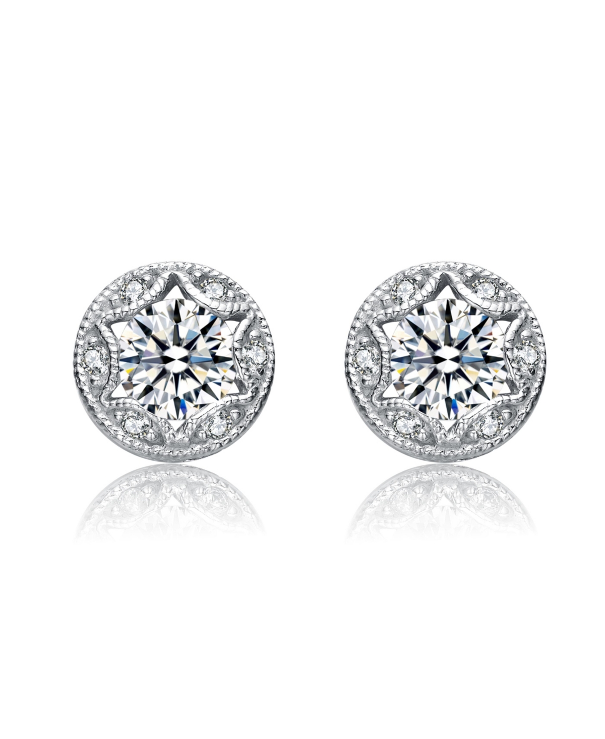 Genevive Cubic Zirconia Sterling Silver White Gold Plated Round Stud Earrings