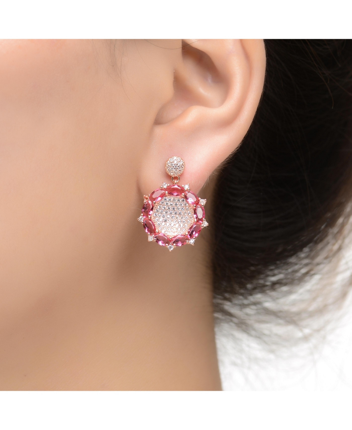 Genevive Sterling Silver with 18K Rose Gold Plated andCubic Zirconia Accent Drop Earrings - Red