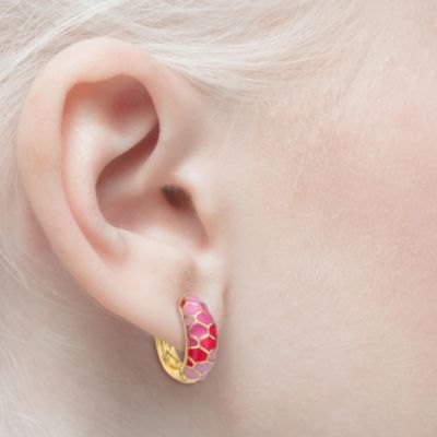 Young Adults/Teens 14k Yellow Gold Plated Pink Sunset Stained Glass Snake Scale Hoop Earrings