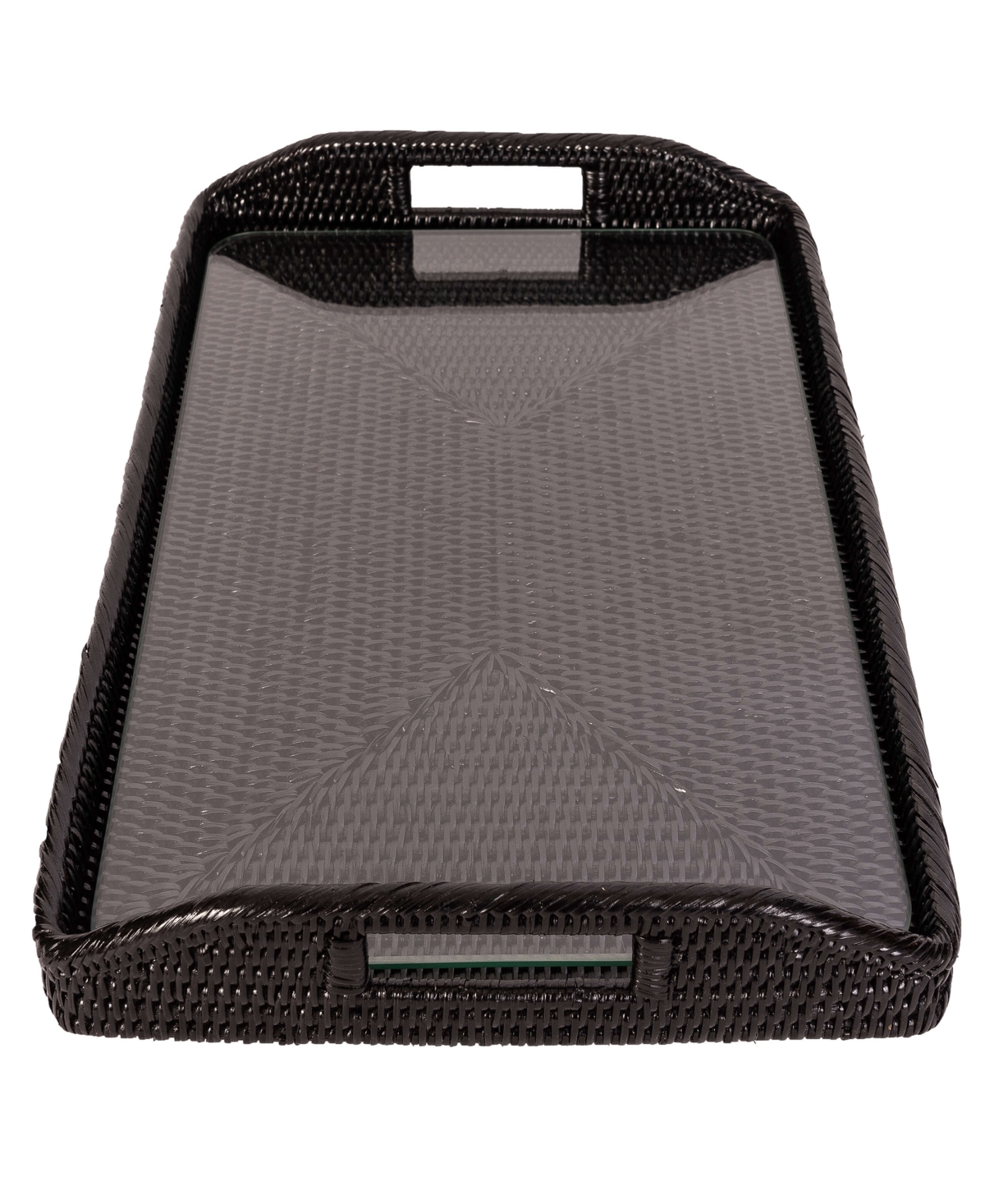 Artifacts Trading Company Artifacts Rattan Rectangular Tray With Glass Insert In Tudor Black