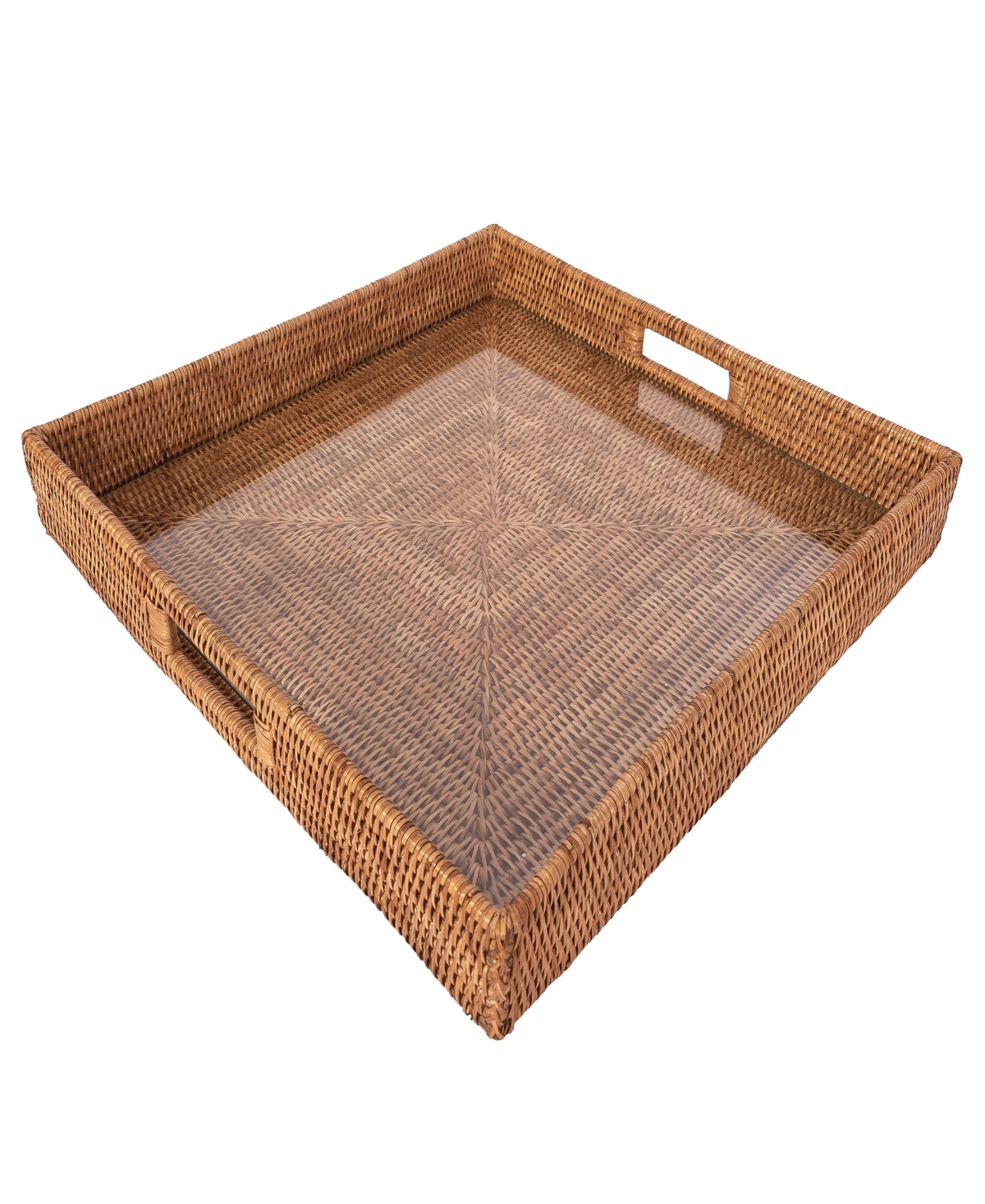 Shop Artifacts Trading Company Artifacts Rattan Square Serving Ottoman Tray With Glass Insert In Honey Brown