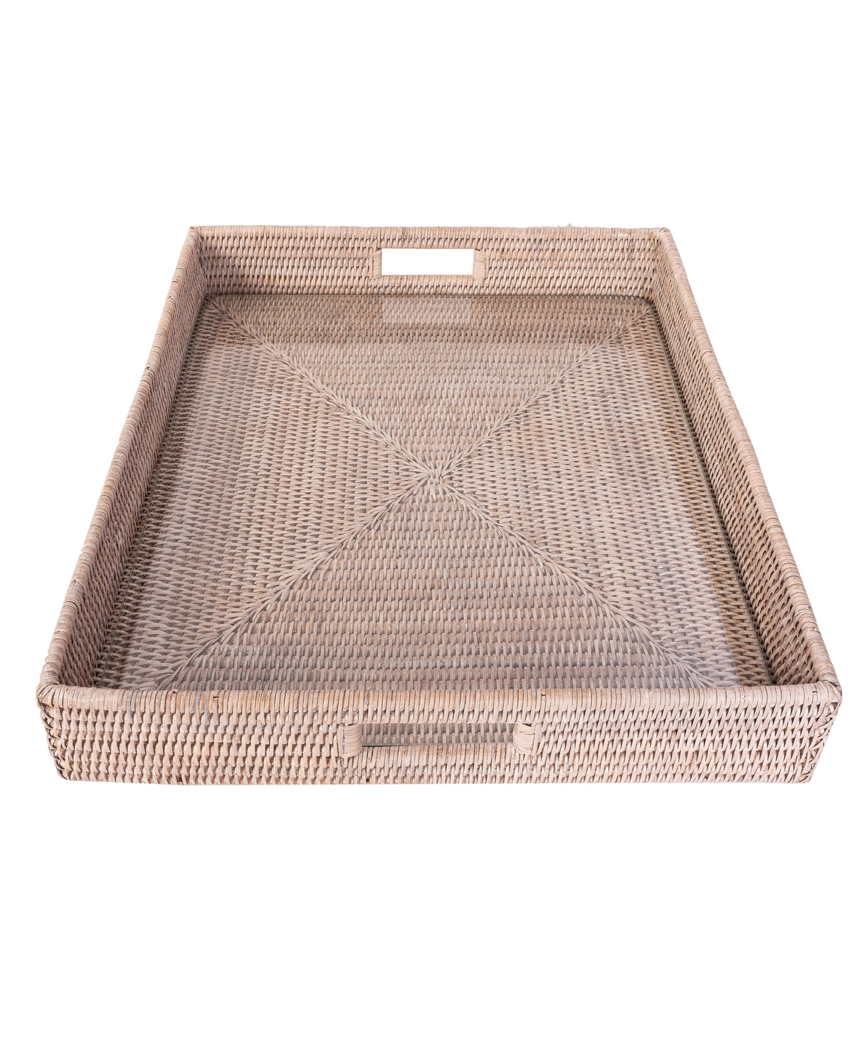 Artifacts Trading Company Artifacts Rattan Square Serving Ottoman Tray With Glass Insert In White Wash