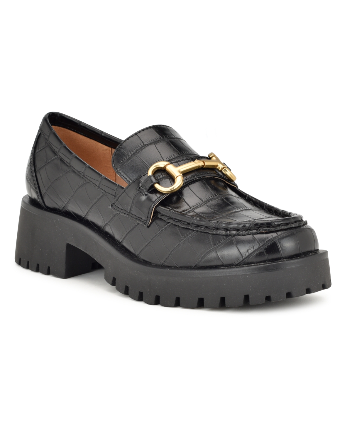 Shop Nine West Women's Allmy Round Toe Lug Sole Casual Loafers In Black Croco Faux Leather