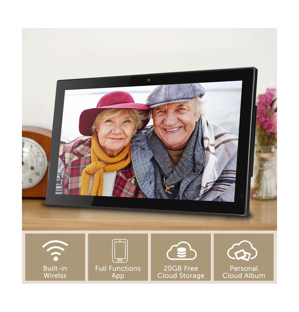14 in Cloud Photo Frame, 20GB Cloud Storage, Camera/App Support - Black