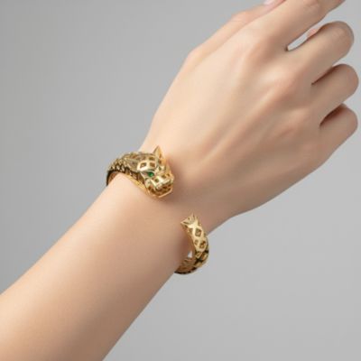 14k Gold Plated Sterling Silver Jaguar Open Cuff Bangle Bracelet with Green Cubic Zirconia